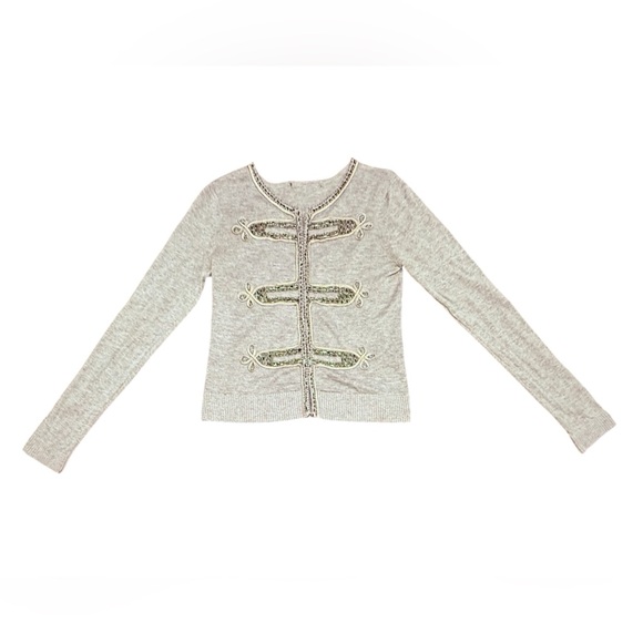 Vintage Sweaters - Vintage Gray Silver Beaded Embellished Military Cropped Cardigan Size Small $200